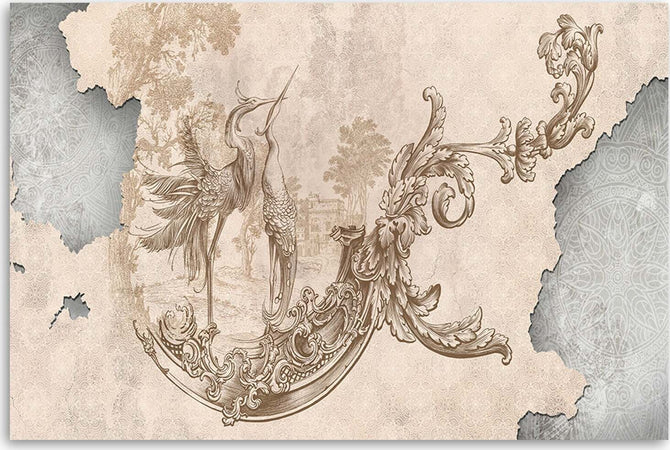 Quadro-su-tela,-Uccelli-e-foglie-su-un-affresco-orientale