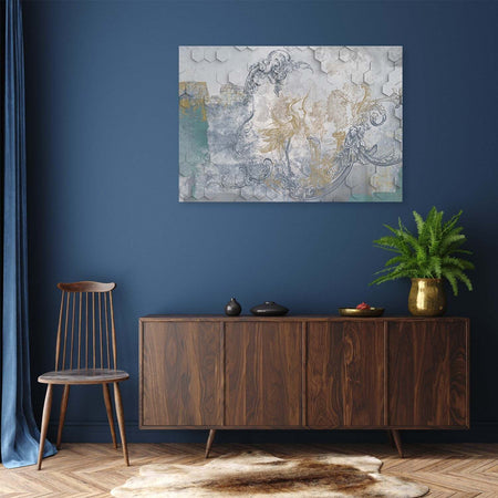 Quadro-su-tela,-Uccelli-grigi-su-uno-sfondo-geometrico