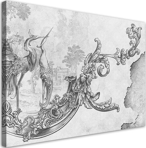 Quadro-su-tela,-Uccelli-selvatici-e-foglie-su-un-affresco-orientale