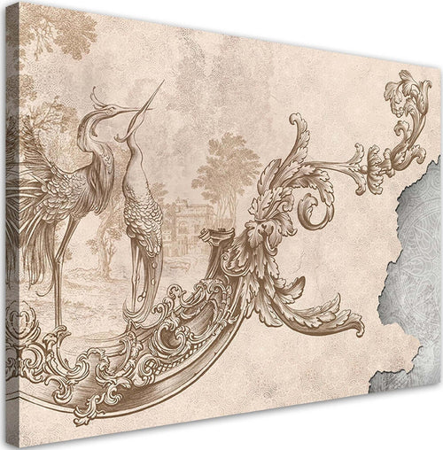 Quadro-su-tela,-Uccelli-selvatici-e-foglie-su-un-affresco-orientale