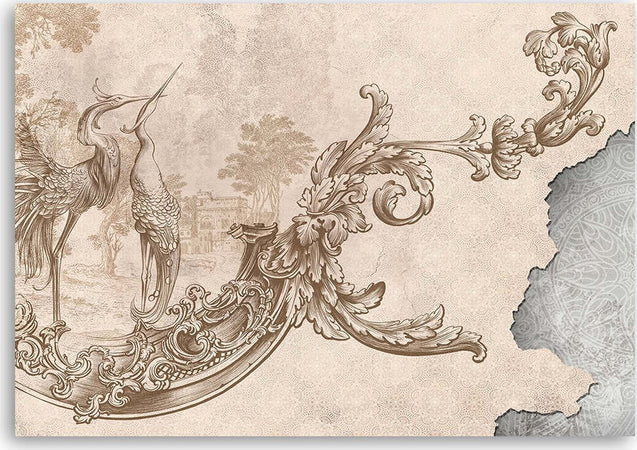 Quadro-su-tela,-Uccelli-selvatici-e-foglie-su-un-affresco-orientale