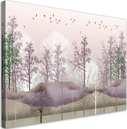 Quadro-su-tela,-Uccelli-sopra-la-foresta