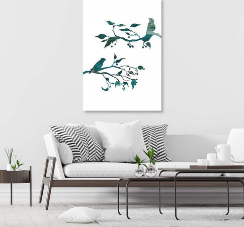 Quadro-su-tela,-Uccelli-sui-rami-Natura