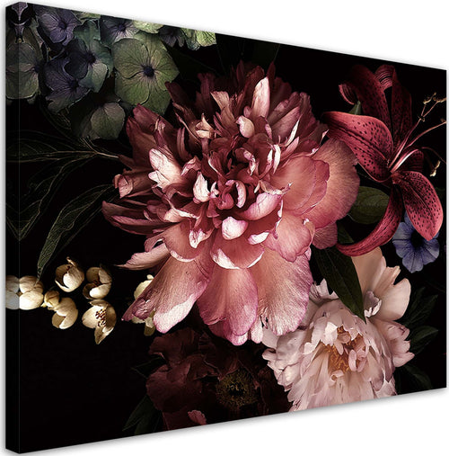 Quadro-su-tela,-Un-bouquet-di-fiori-su-uno-sfondo-scuro