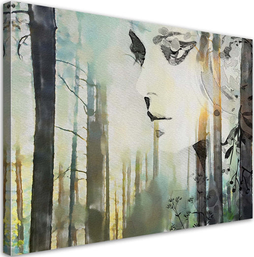 Quadro-su-tela,-Un-volto-astratto-di-una-donna-nella-foresta