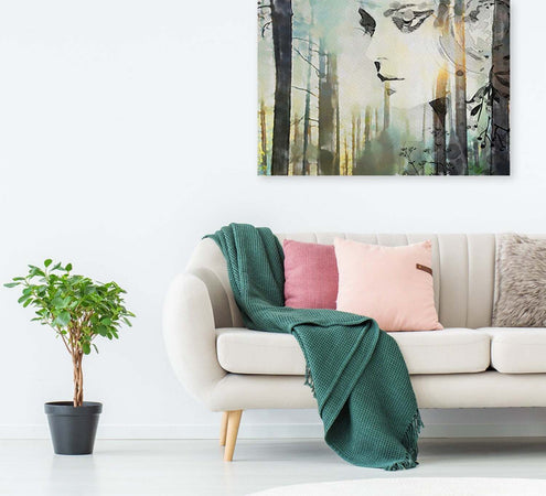 Quadro-su-tela,-Un-volto-astratto-di-una-donna-nella-foresta