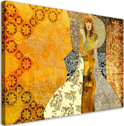 Quadro-su-tela,-Una-donna-su-uno-sfondo-decorativo