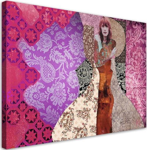 Quadro-su-tela,-Una-donna-su-uno-sfondo-decorativo
