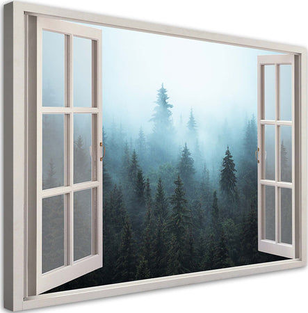 Quadro-su-tela,-Visualizza-finestra-Foresta-nella-natura-nebbia