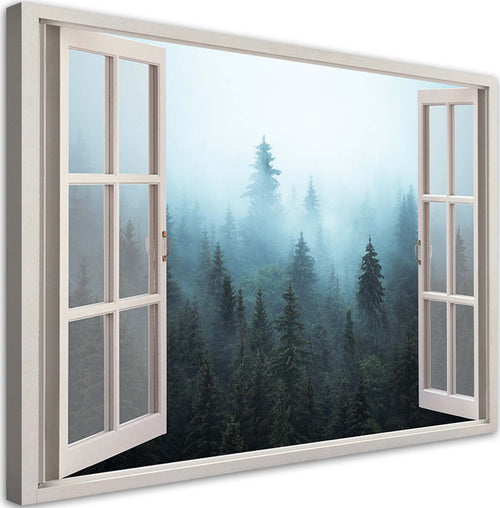 Quadro-su-tela,-Visualizza-finestra-Foresta-nella-natura-nebbia