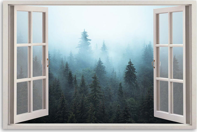 Quadro-su-tela,-Visualizza-finestra-Foresta-nella-natura-nebbia