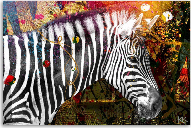 Quadro-su-tela,-Zebra-su-uno-sfondo-colorato