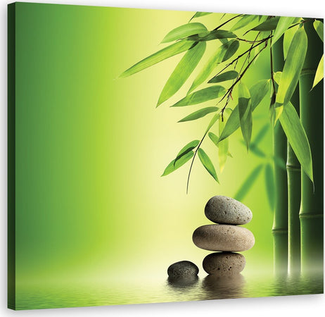 Quadro-su-tela,-Zen-e-pietre-di-bambù-su-uno-sfondo-verde