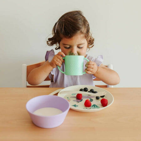 MINILAND Learning tableware Dream - set pappa educativo - bicchiere con manici, piatto piano, ciotola piatto fondo, posate - unicorno