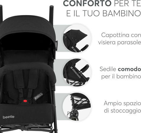 KIKKABOO Passeggino BEETLE - Passeggino da viaggio omologato fino a 22 kg - Pieghevole, Leggero, Compatto, colore NERO - telaio in alluminio, Chiusura Compatta, Schienale Reclinabile e Regolabile, Poggiagambe