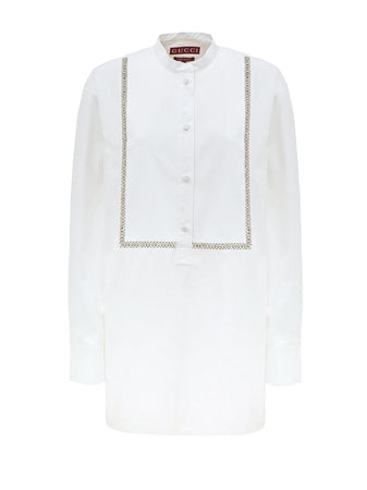 Gucci Blusa in Popeline di Cotone Bianco con Decorazioni in Cristalli da donna