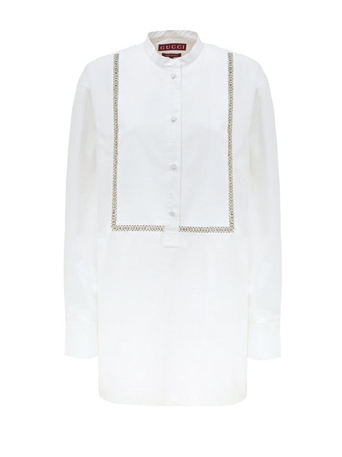Gucci Blusa in Popeline di Cotone Bianco con Decorazioni in Cristalli da donna
