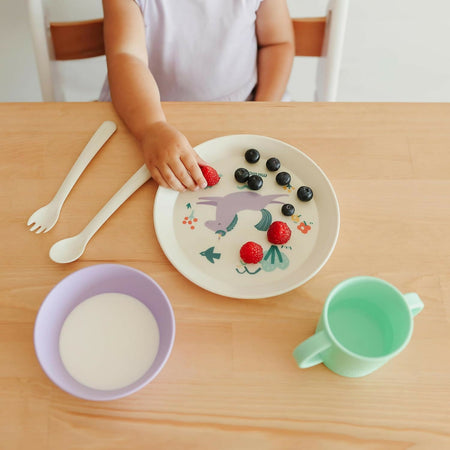 MINILAND Learning tableware Dream - set pappa educativo - bicchiere con manici, piatto piano, ciotola piatto fondo, posate - unicorno