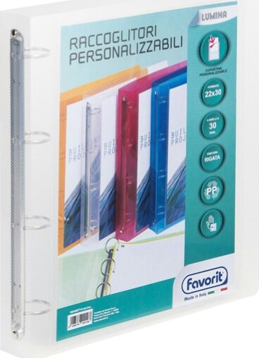 Raccoglitore personalizzabile Lumina - PP - 4 anelli tondi D30 - 22x30 cm - trasparente - Favorit Cancelleria e prodotti per ufficio/Archivio ufficio e accessori per scrivania/Raccoglitori e accessori per raccoglitori/Raccoglitori/Raccoglitori ad anelli Eurocartuccia - Pavullo, Commerciovirtuoso.it