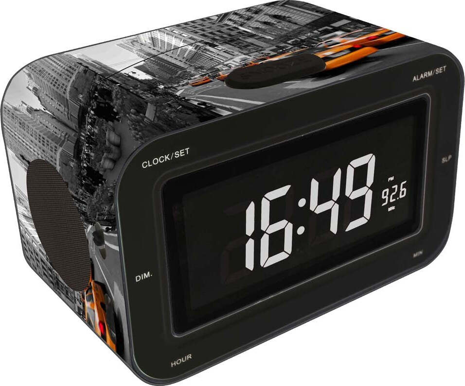 Radio Sveglia con radio AM/FM, Display LCD, Motivo New York, colore Nero, Bigben Interactive