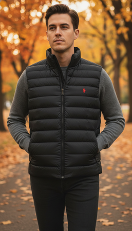 Ralph Lauren Smanicato Uomo Imbottito Tinta Unita Piumino Senza Maniche Collo Alto, Zip E Tasche