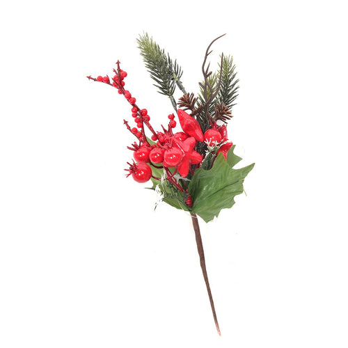 Rametto natalizio con bacche rosse e foglie decorative h 26,5 cm