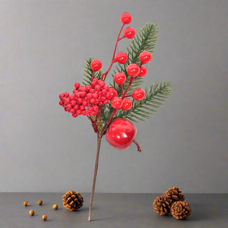 Rametto natalizio con bacche rosse e foglie decorative h 26,5 cm