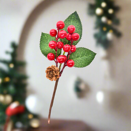 Rametto natalizio con bacche rosse e foglie decorative h 21 cm