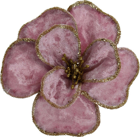 Ramo-decorativo-Magnolia-in-velluto-Rosa-bordo-oro-con-clip-da-15-cm