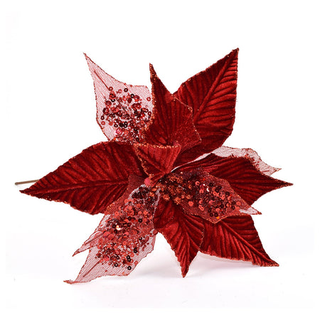 Ramo decorativo natalizio "Fiore Rosso" con petali in velluto da 48 cm