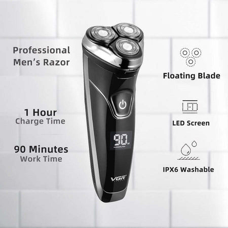 Rasoio-A-Triple-Testine-Rotanti-Trimmer-Barba-Cordless-Impermeabile-Display-V318