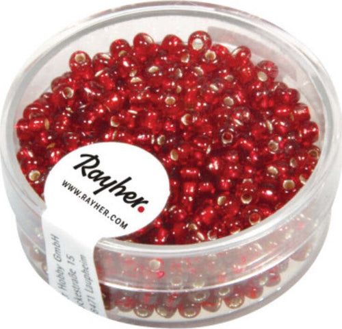 RAYHER---16-GRAMMI---PERLINE-ROTONDE-IN-VETRO-CON-FORO-ARGENTAT0-Ø2,6MM---COLORE-ROSSO