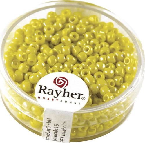 RAYHER---17-GRAMMI---PERLINE-IN-VETRO-ROTONDE-OPACHE-LUSTRATE-FORO-Ø2,6MM---COLORE-GIALLO-SENAPE