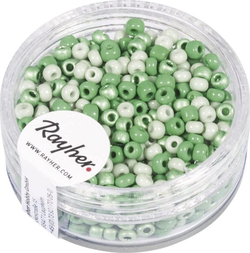 RAYHER---17-GRAMMI---PERLINE-IN-VETRO-ROTONDE-OPACHE-LUSTRATE-FORO-Ø2,6MM---COLORE-TONI-DEL-VERDE