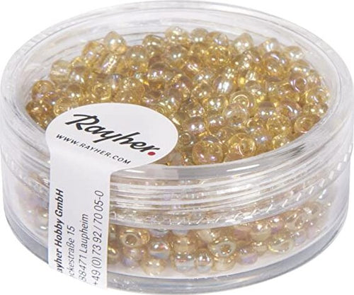 RAYHER---17-GRAMMI---PERLINE-IN-VETRO-ROTONDE-TRASPARENTI-LUSTRATE-FORO-Ø2,6MM---COLORE-ORO