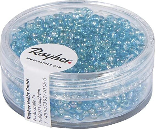 RAYHER---17-GRAMMI---PERLINE-IN-VETRO-ROTONDE-TRASPARENTI-LUSTRATE-FORO-Ø2MM---COLORE-CELESTE