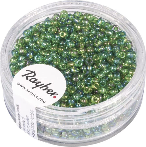RAYHER---17-GRAMMI---PERLINE-IN-VETRO-ROTONDE-TRASPARENTI-LUSTRATE-FORO-Ø2MM---COLORE-VERDE