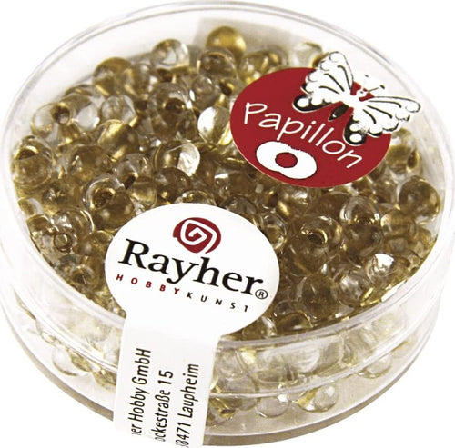 RAYHER---18-GRAMMI---ROCAILLE-PAPILLON-IN-VETRO-CON-FORO-Ø2MM---COLORE-ORO-BRILLANTE