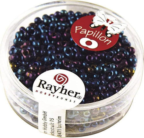 RAYHER---18-GRAMMI---ROCAILLE-PAPILLON-IN-VETRO-CON-FORO-Ø2MM---COLORE-ZAFFIRO