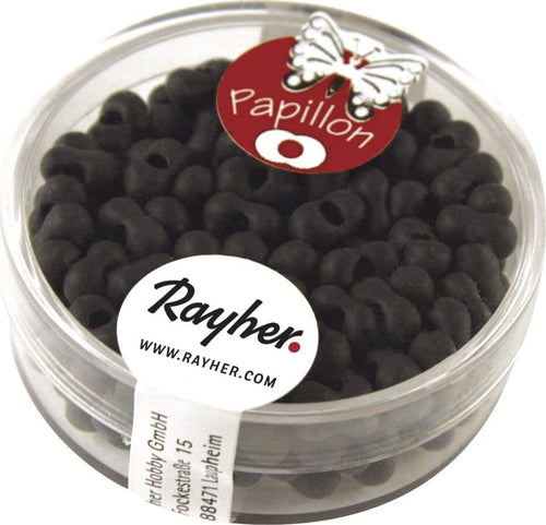RAYHER---18-GRAMMI---ROCAILLE-PAPILLON-IN-VETRO-CON-FORO-Ø3,2MM---COLORE-NERO-OPACO