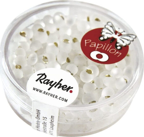 RAYHER---18-GRAMMI---ROCAILLE-PAPILLON-IN-VETRO-CON-FORO-ARGENTATO-Ø1,5MM---COLORE-TRASPARENTE-OPACO