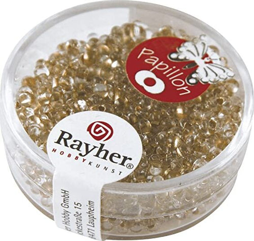 RAYHER---18-GRAMMI---ROCAILLE-PAPILLON-IN-VETRO-CON-FORO-ARGENTATO-Ø2x4MM---COLORE-ORO