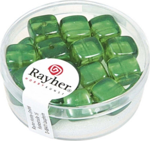 RAYHER---18-PERLE-VETRO-CUBO-8X9MM---COLORE-VERDE-MAGGIO