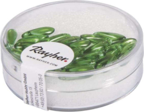 RAYHER---22-PEZZI---PERLE-IN-VETRO-CHICCO-DI-RISO-3X11MM---COLORE-VERDE-MAGGIO