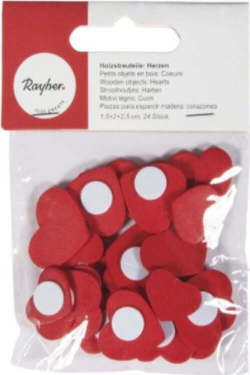 RAYHER---24-PEZZI---CUORI-IN-LEGNO-CON-PUNTO-ADESIVO-1,5-2,5CM---COLORE-ROSSO