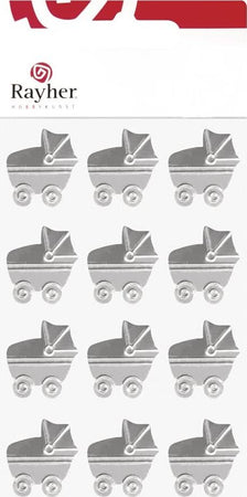 RAYHER---CARROZZINA-IN-METALLO-CON-BOLLINO-ADESIVO-2,3X2,7CM-12-PZ