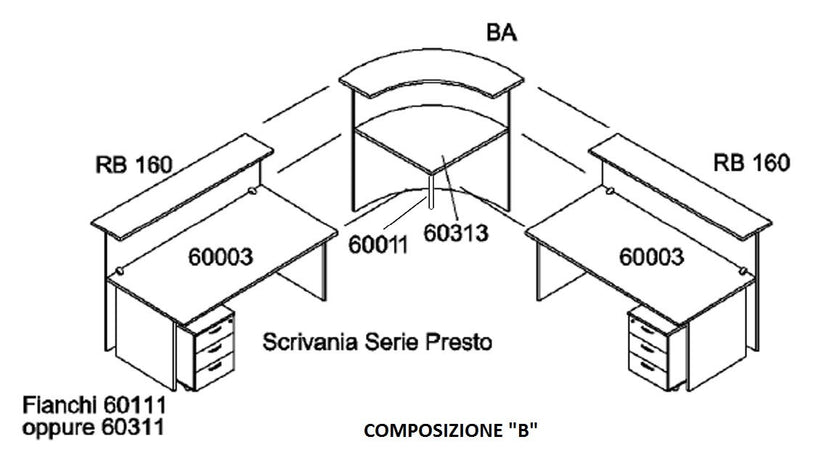 Reception completa di scrivanie e cassettiere in legno cm. 256X256X115H