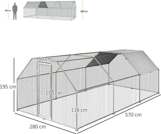 Recinto-Gabbia-per-Galline-in-Metallo-Galvanizzato-Impermeabile,-Pollaio-con-Porta-e-Copertura-Oxford,-280x570x195cm-HJ6D51-117HJ6