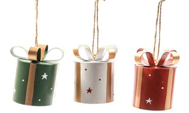 Pendente a forma di pacco natalizio in metallo per Albero di Natale