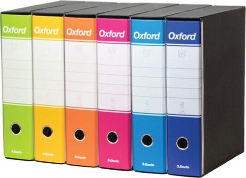Registratori Oxford G85 - dorso - 8 cm - protocollo 23x33 cm - colori assortiti - Esselte - conf. 6 pezzi Cancelleria e prodotti per ufficio/Archivio ufficio e accessori per scrivania/Raccoglitori e accessori per raccoglitori/Raccoglitori/Raccoglitori a leva per documenti Eurocartuccia - Pavullo, Commerciovirtuoso.it